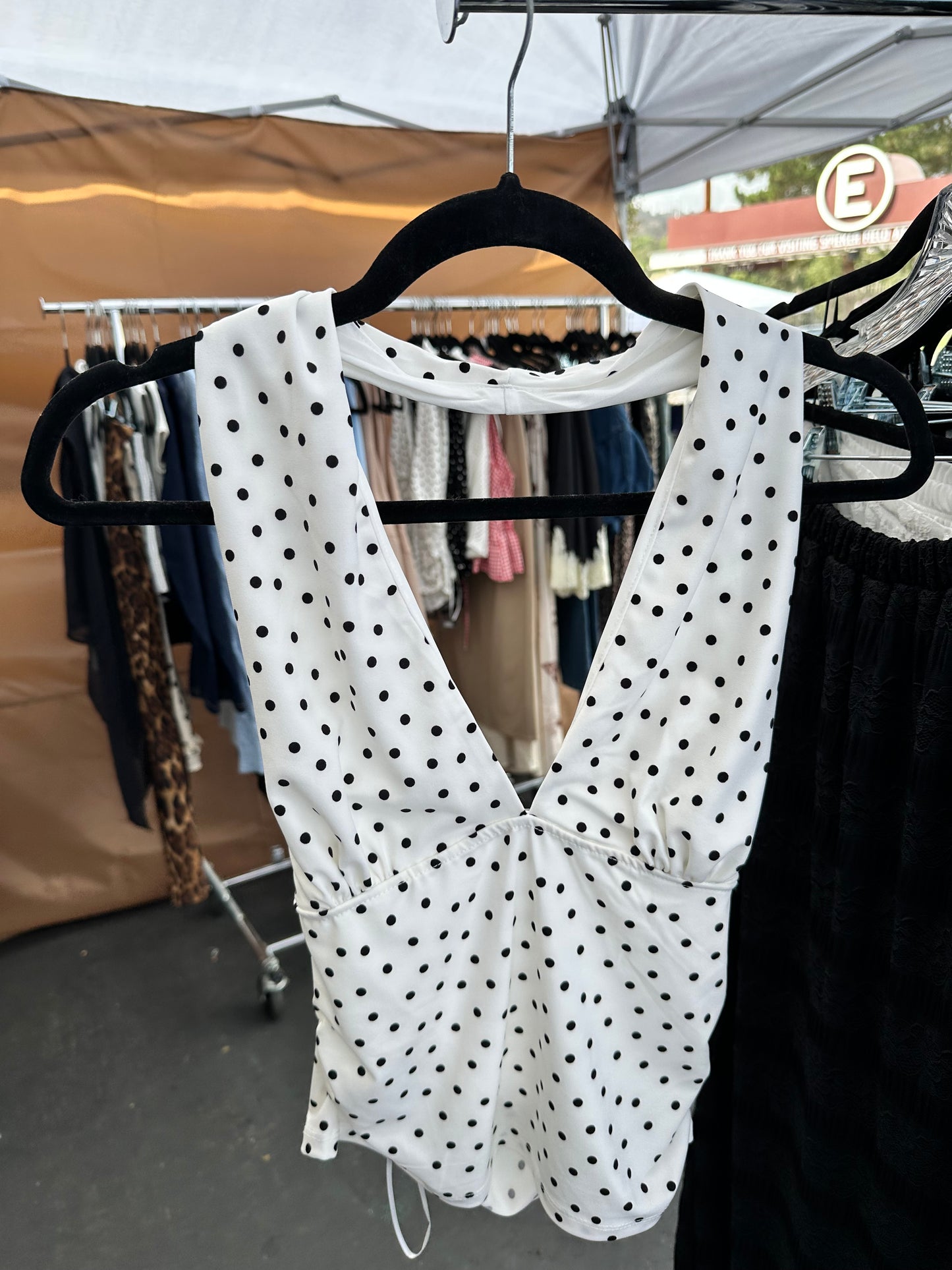 White Polka Dot Halter Backless Top