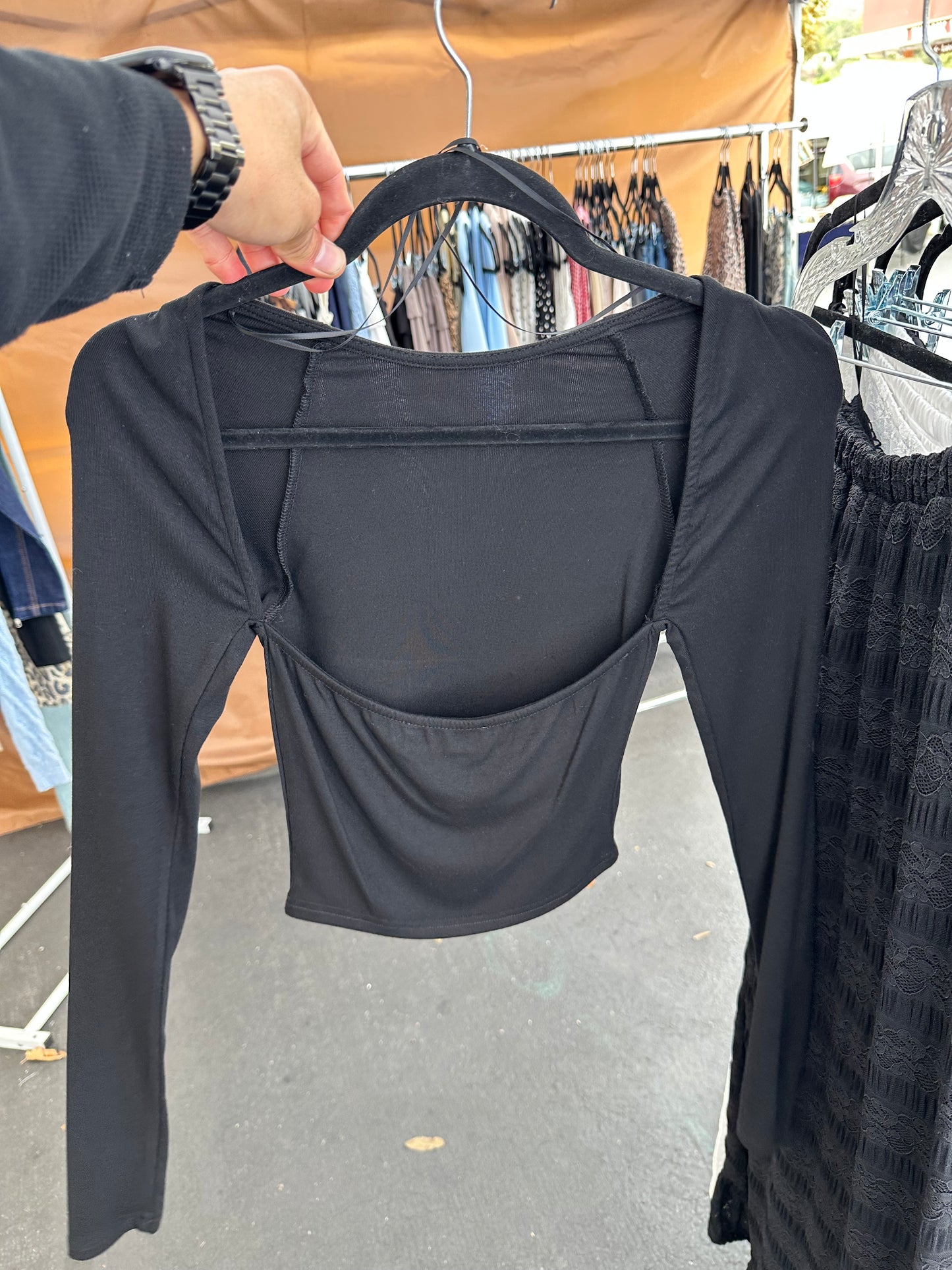Black Open Back Long Sleeve Top