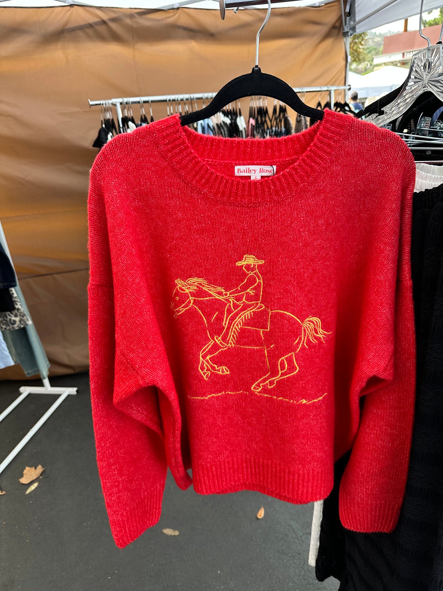 Crimson Red Cowboy Line Art Knit Sweater