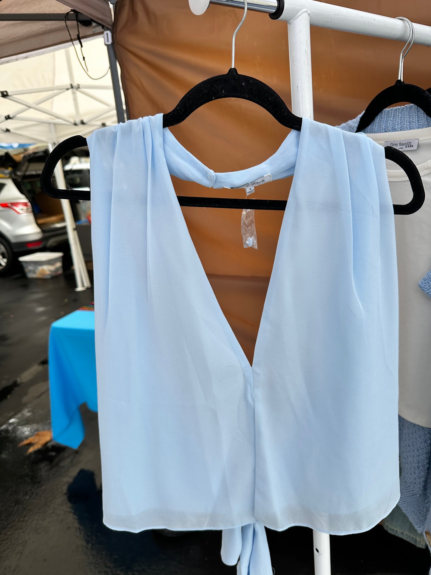 Sky Blue Tie-Front Plunging Blouse