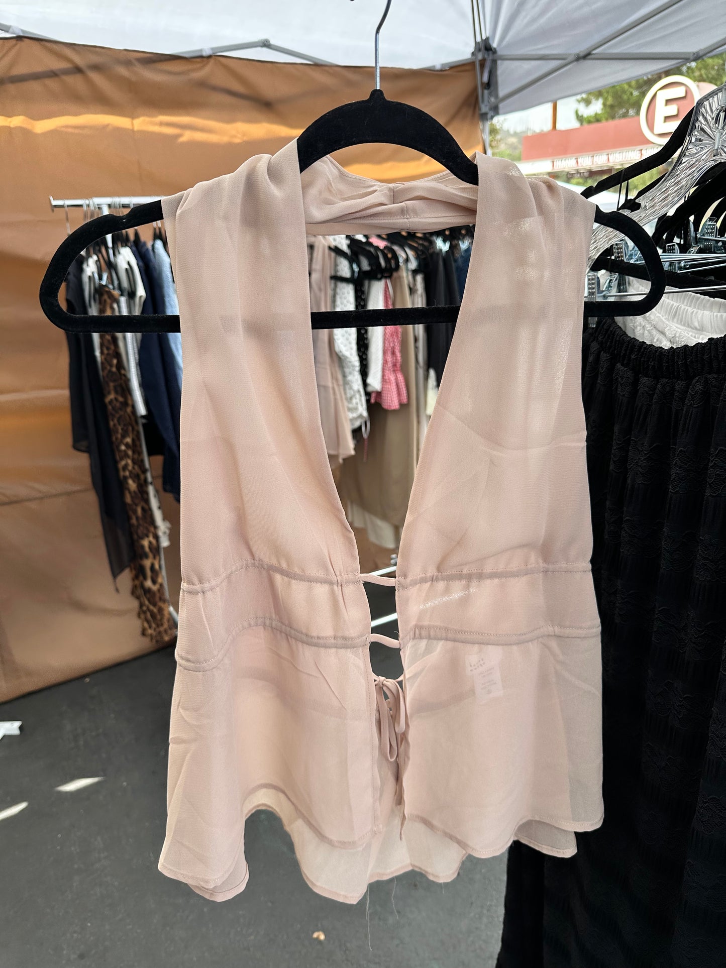 Beige Tie-Front Chiffon Blouse