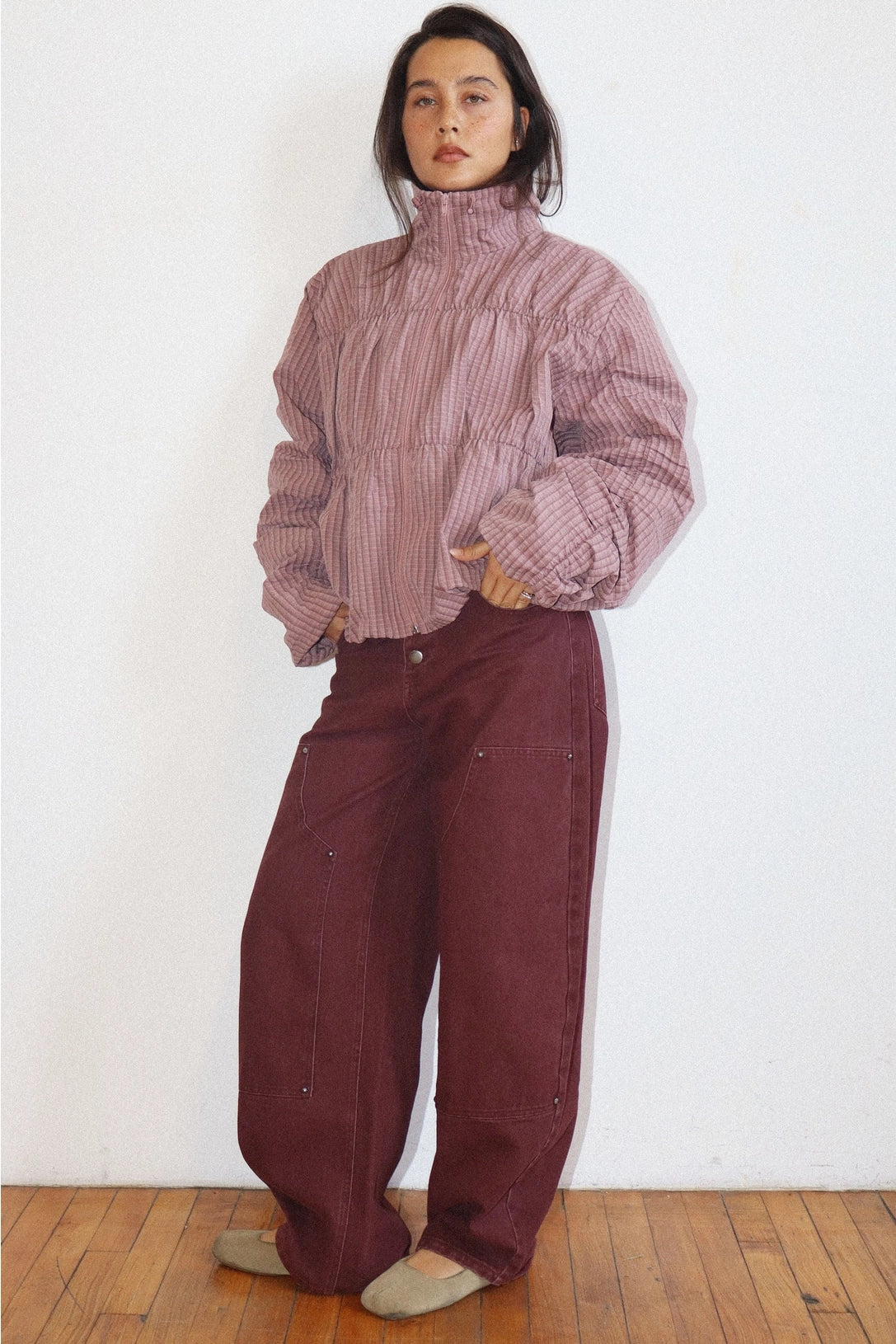 Mauve Ruched Quilted Zip-Up Jacket
