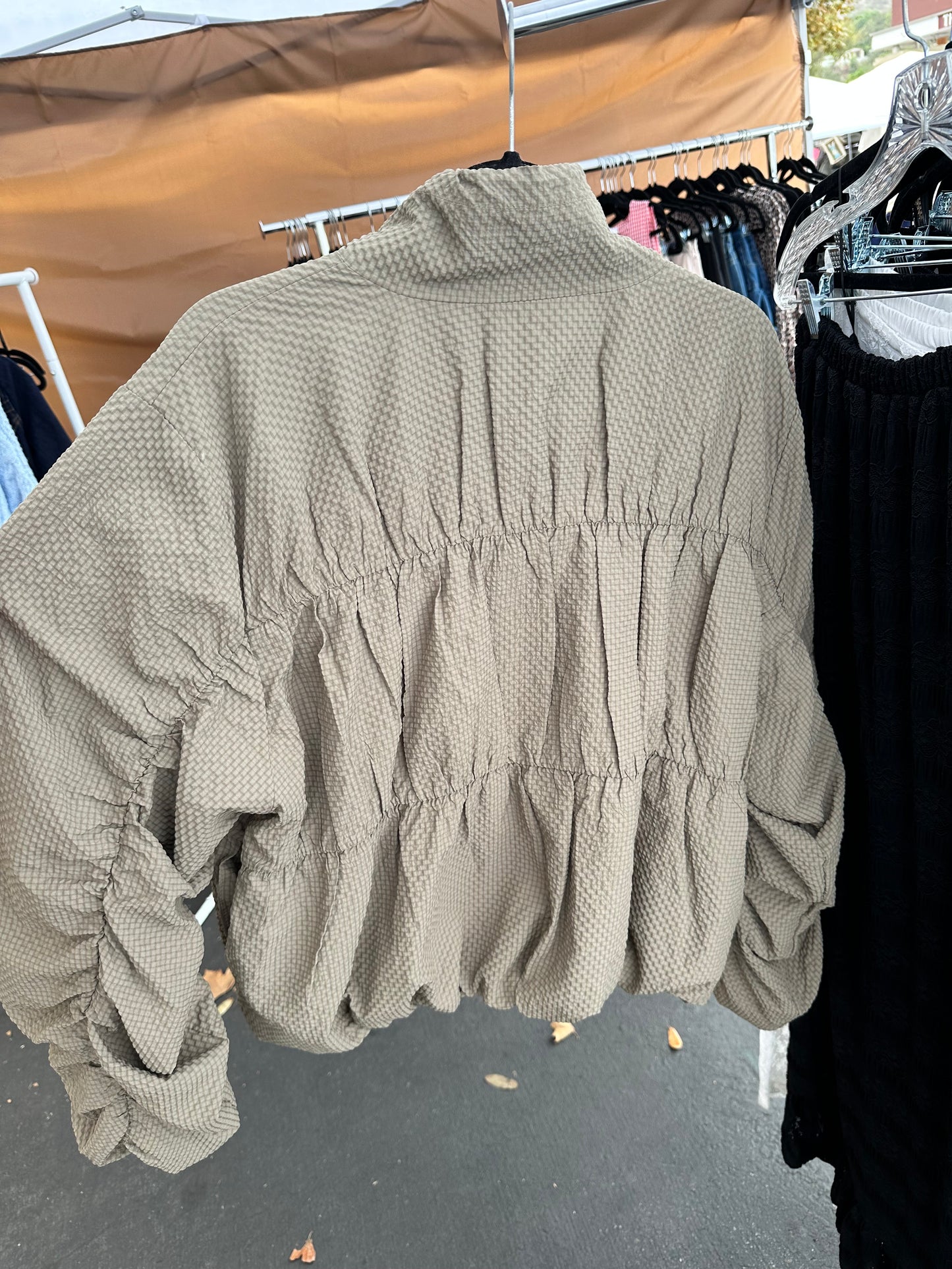 Olive Ruched Quilted Zip-Up Jacket
