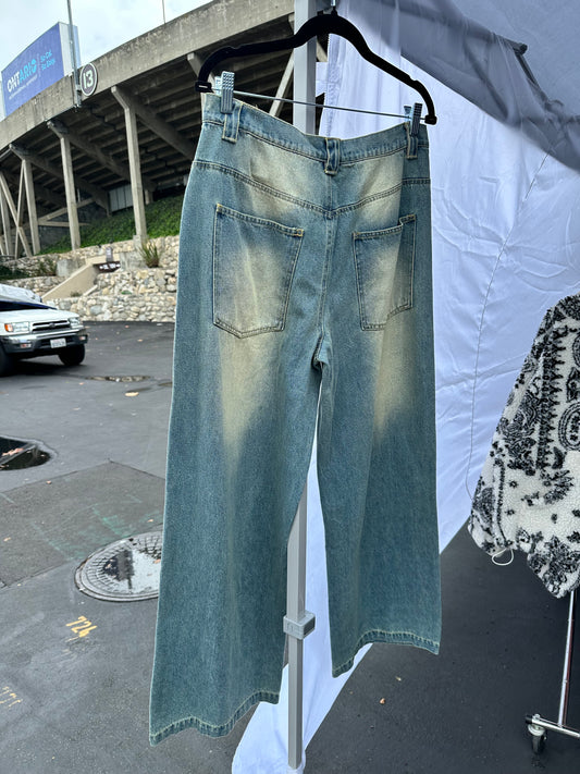 Vintage Wash Wide Leg Denim Jeans