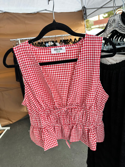 Red Gingham Peplum Tie Tank