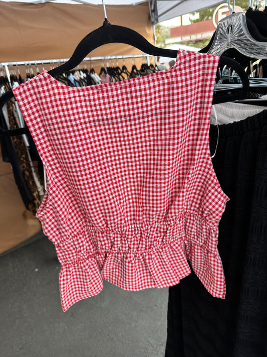 Red Gingham Peplum Tie Tank