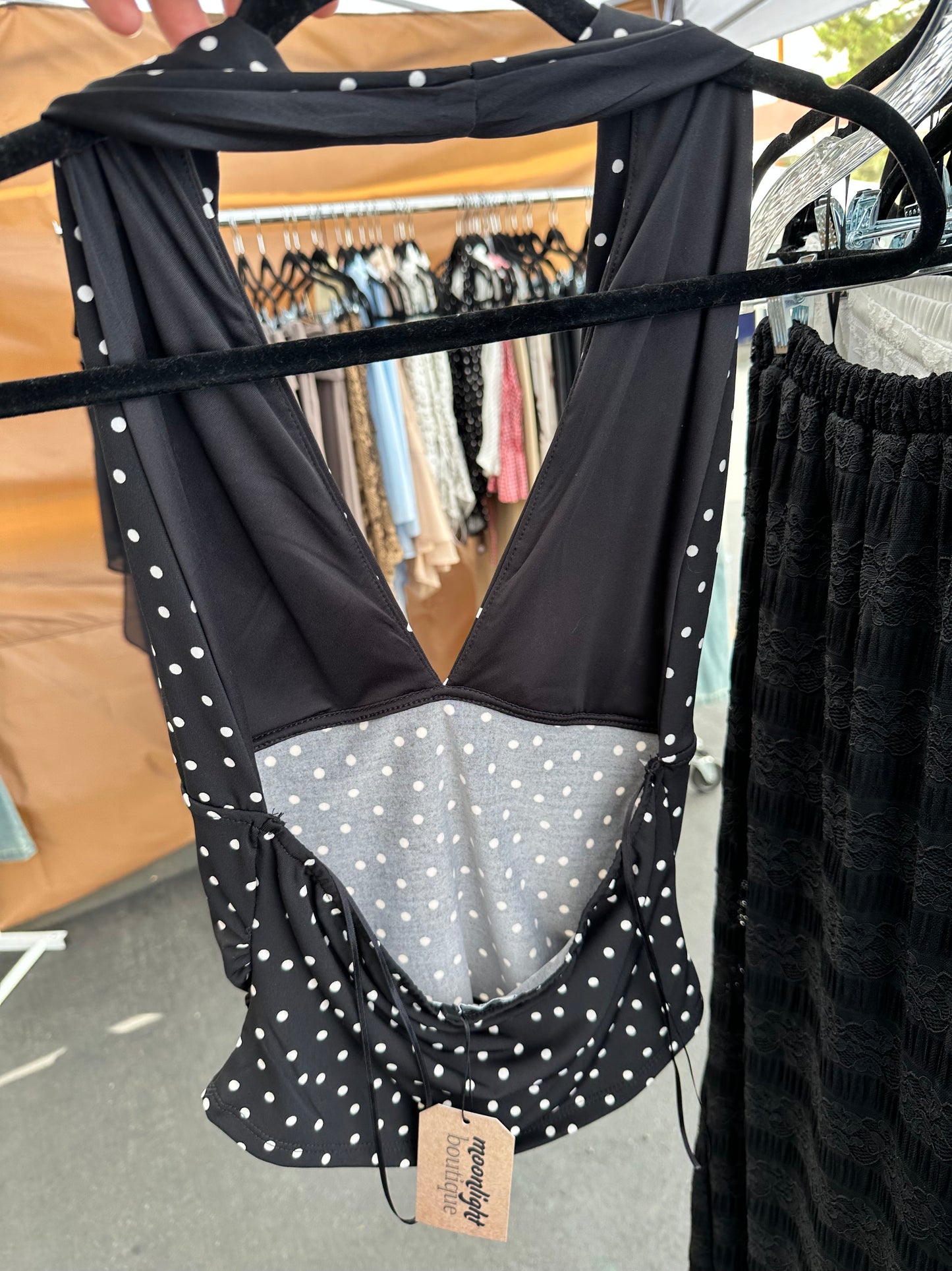 Black Polka Dot Halter Backless Top