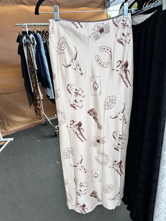 Western Graphic Satin Maxi Skirt