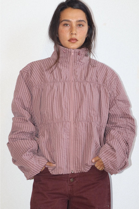 Mauve Ruched Quilted Zip-Up Jacket