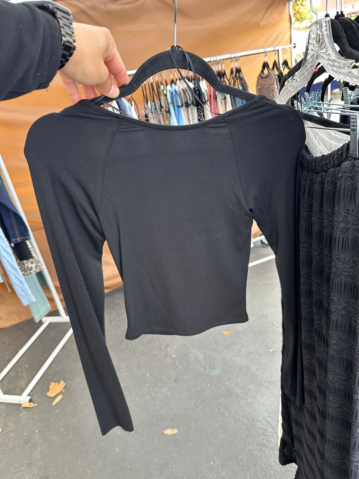 Black Open Back Long Sleeve Top