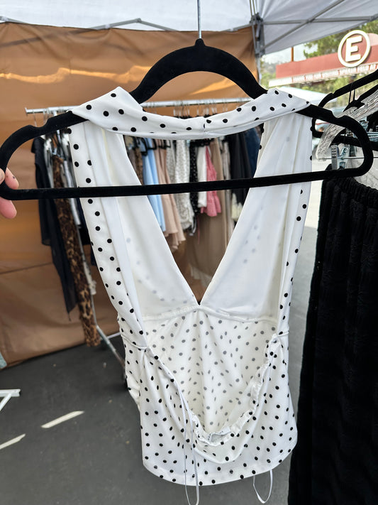 White Polka Dot Halter Backless Top