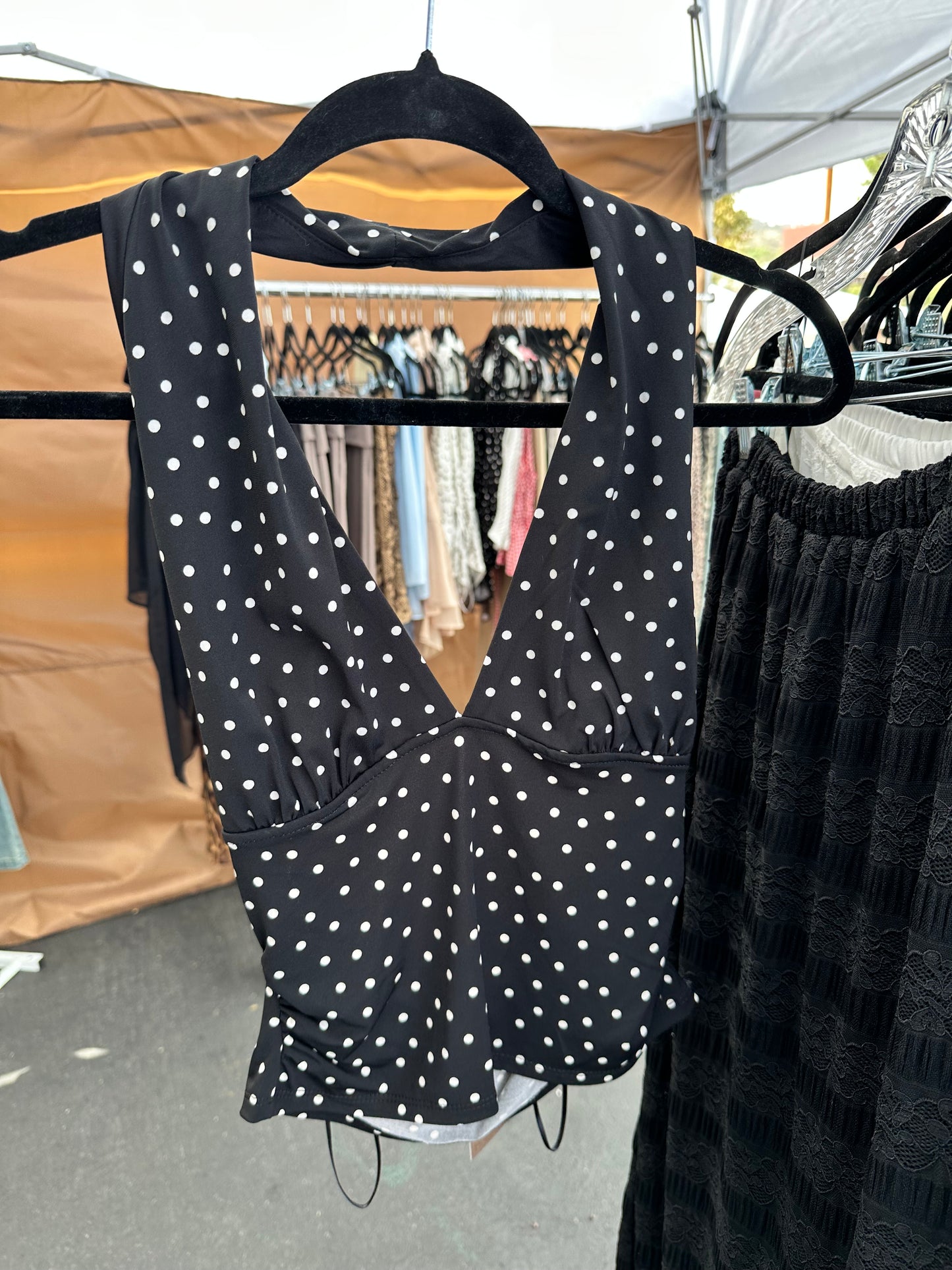 Black Polka Dot Halter Backless Top