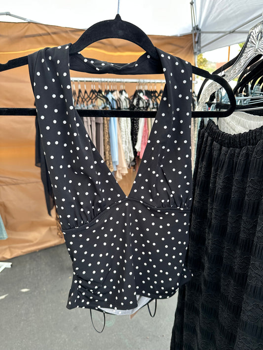 Black Polka Dot Halter Backless Top