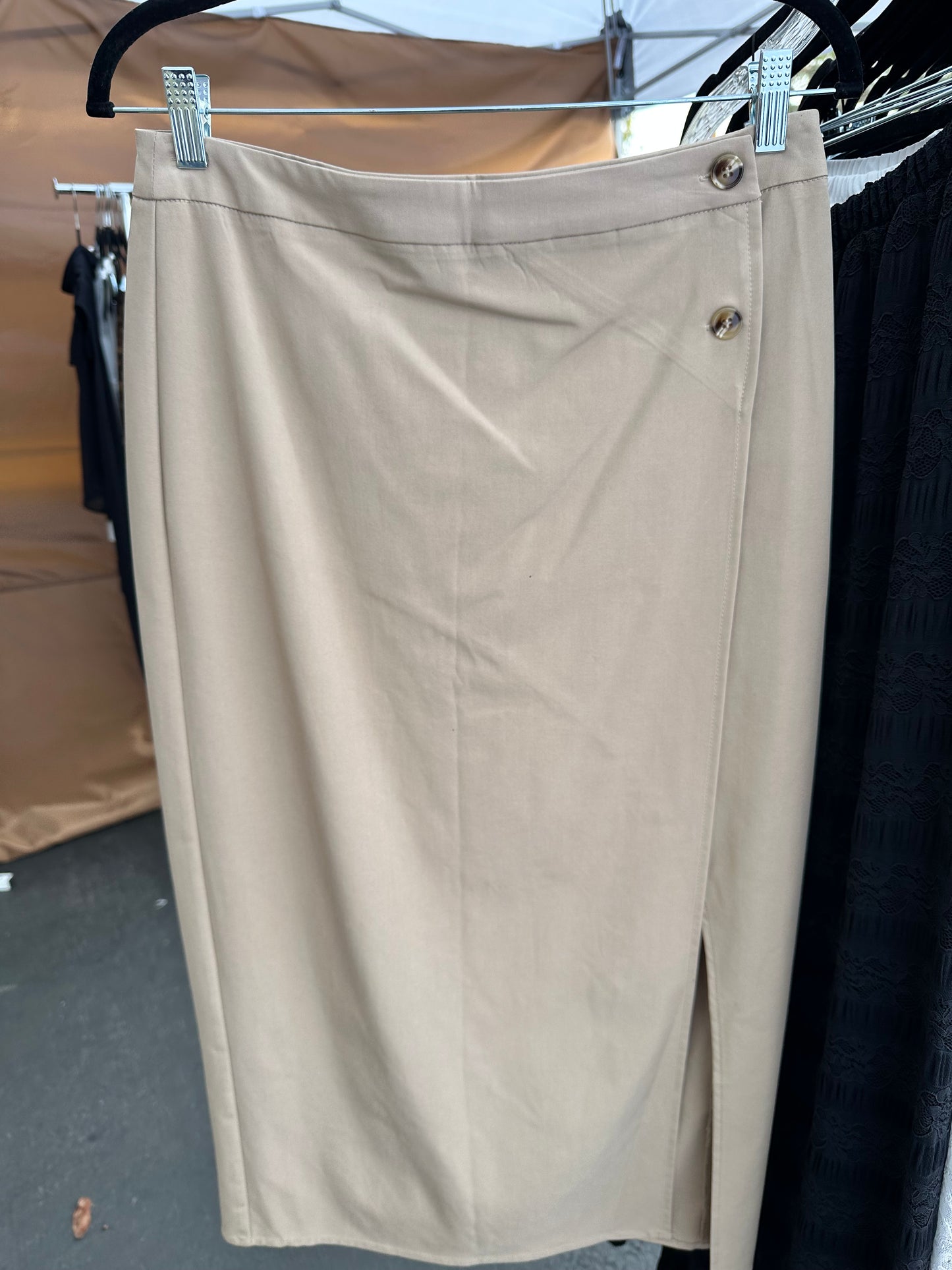 Khaki Button Wrap Midi Skirt