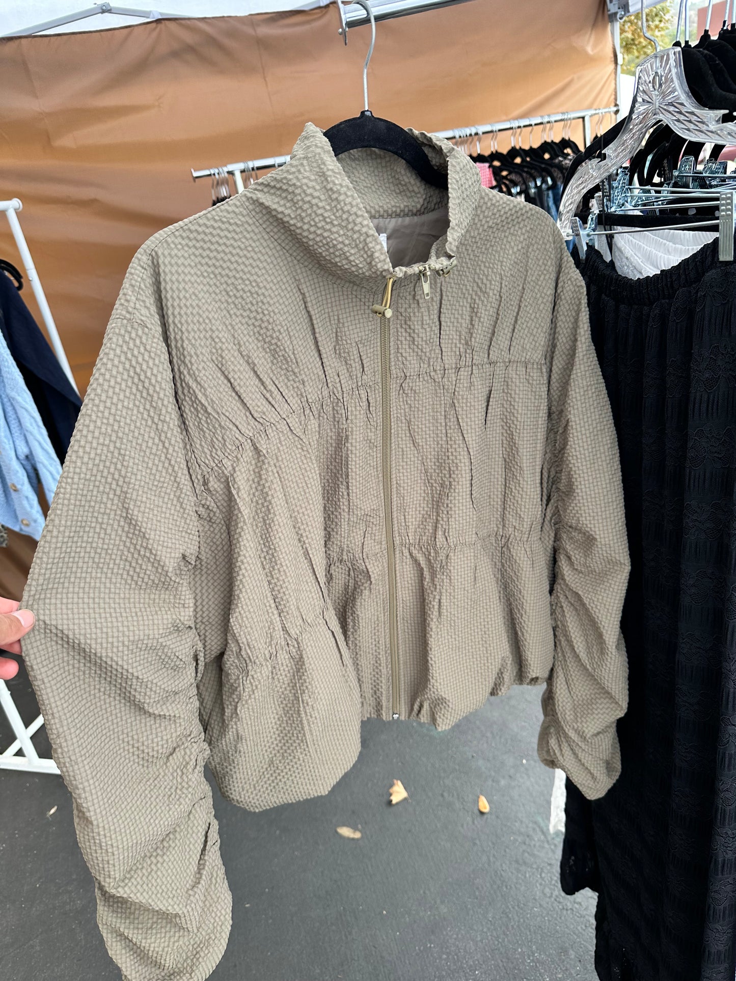 Olive Ruched Quilted Zip-Up Jacket