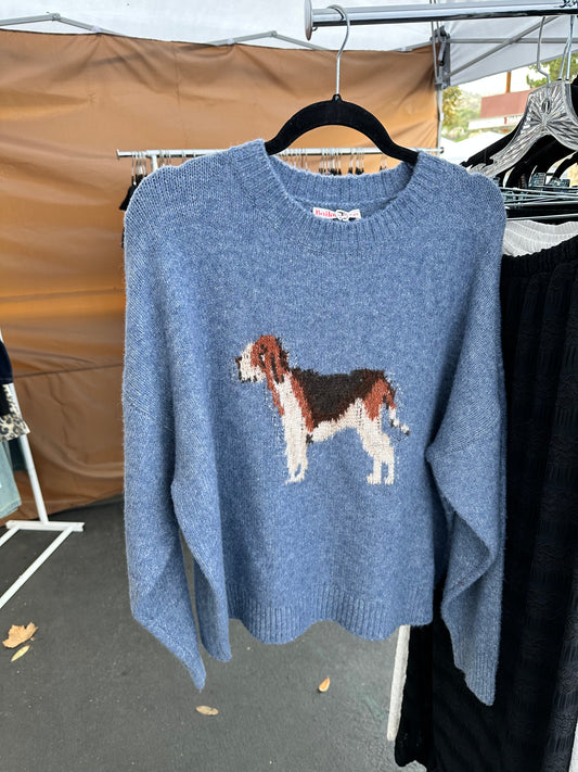Dusty Blue Dog Intarsia Knit Sweater