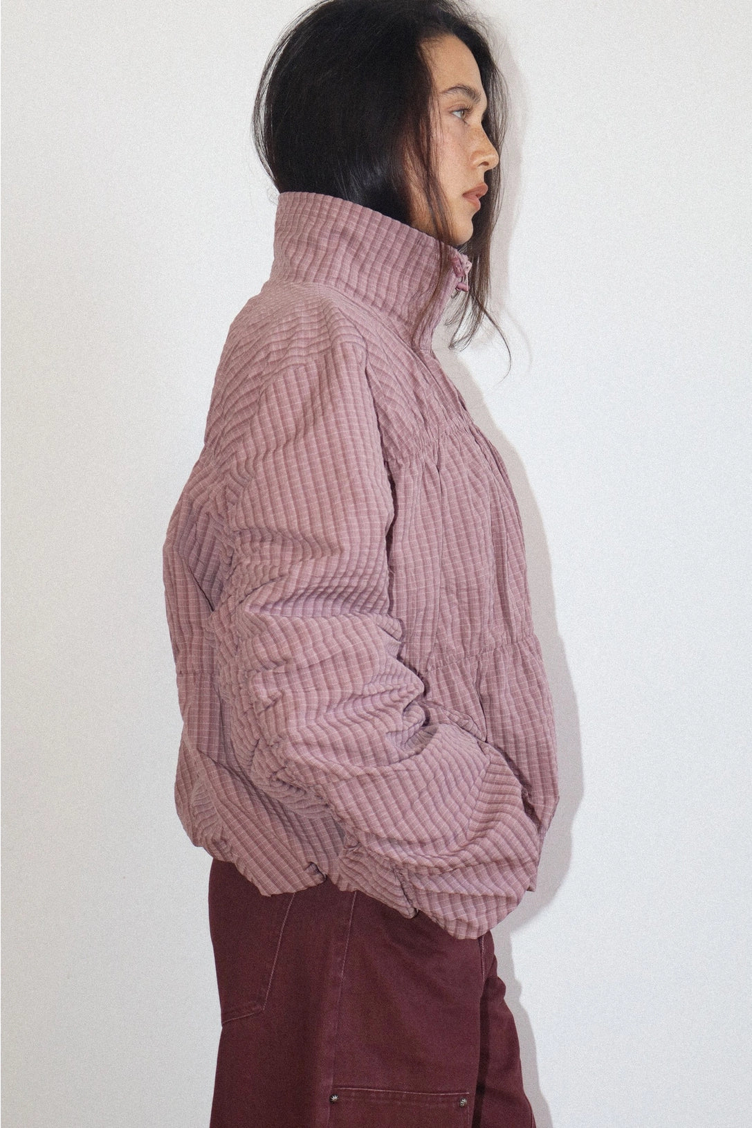 Mauve Ruched Quilted Zip-Up Jacket