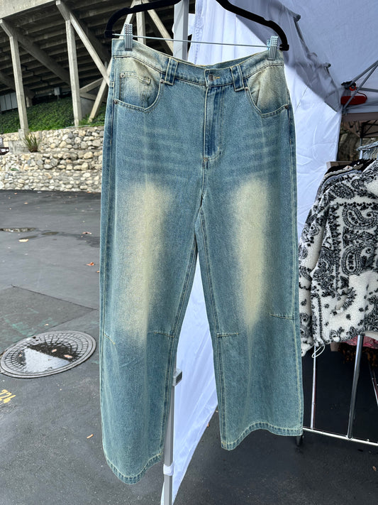 Vintage Wash Wide Leg Denim Jeans