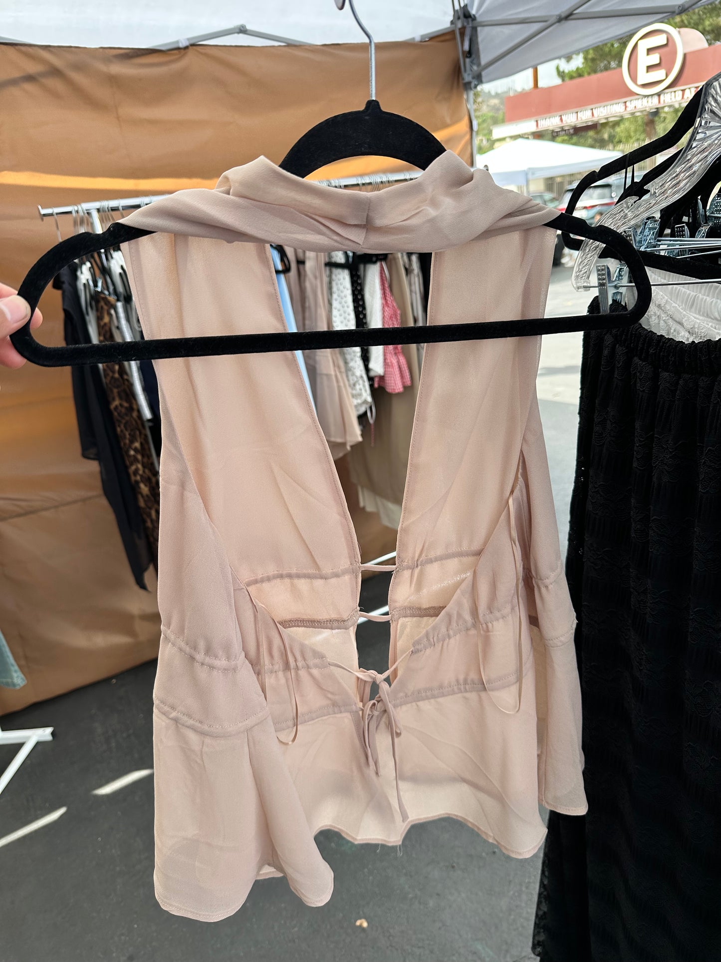 Beige Tie-Front Chiffon Blouse