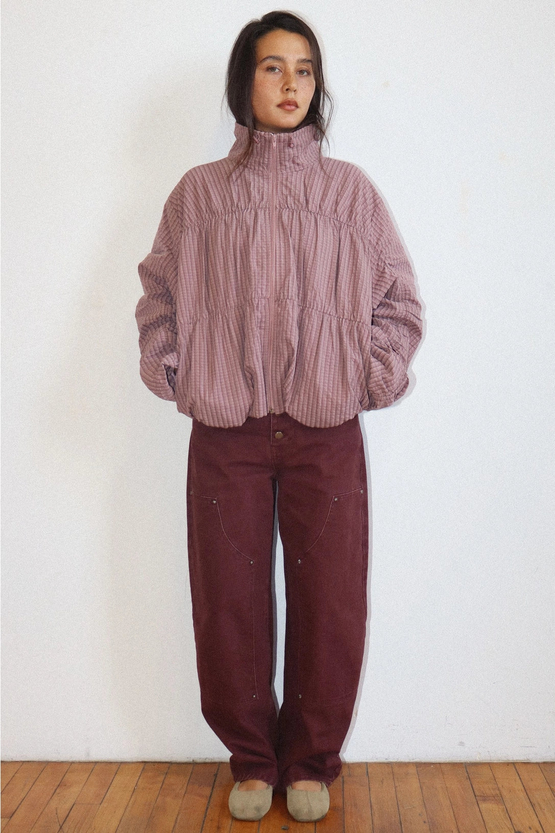 Mauve Ruched Quilted Zip-Up Jacket