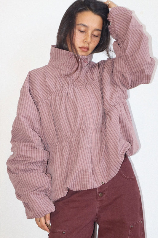 Mauve Ruched Quilted Zip-Up Jacket